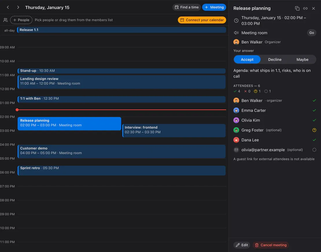 The Calab calendar: a day with meetings side by side