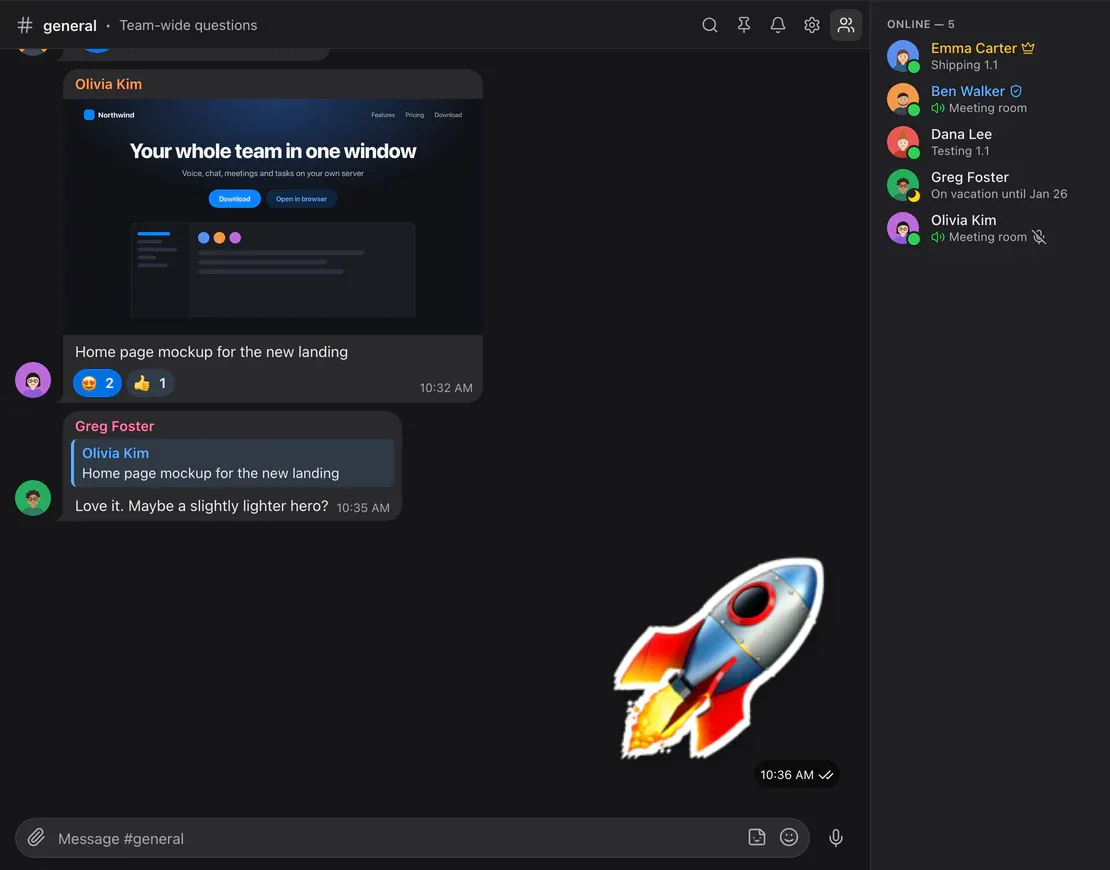 A room chat: a reply, reactions and a sticker