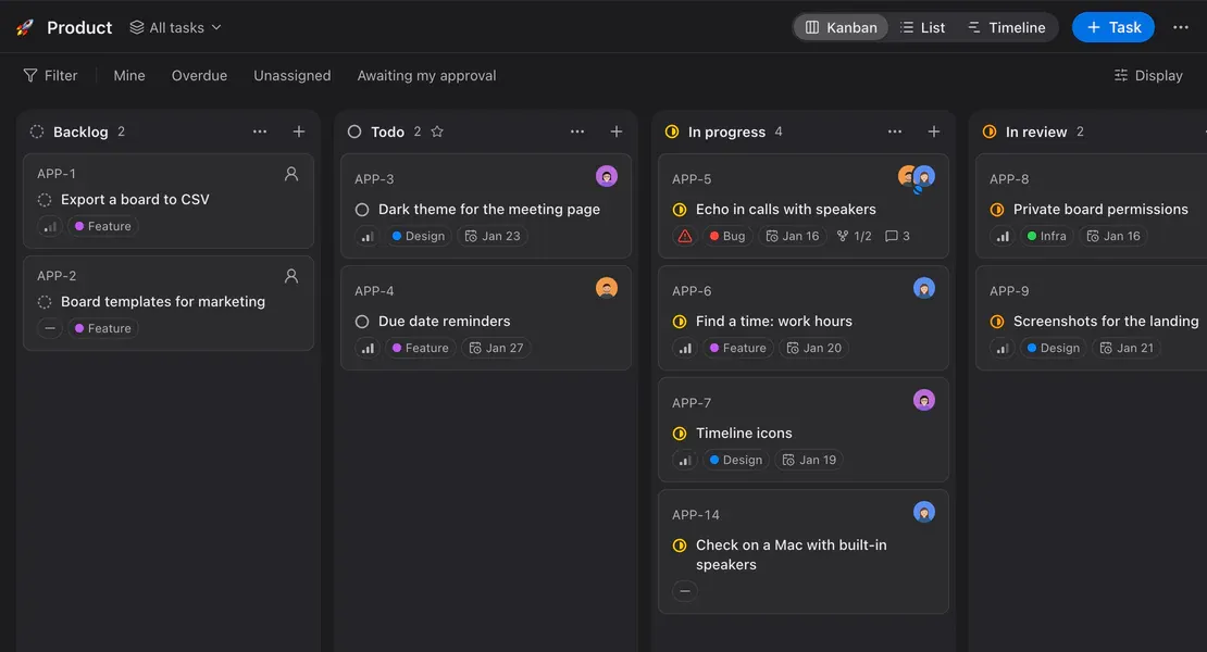 The “Product” board as a kanban: status columns with task cards, labels, due dates and assignees