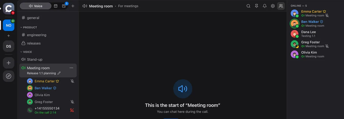 The voice room’s participant list: among the people, a phone line with a handset icon, a number and the status “On the call 2:14”