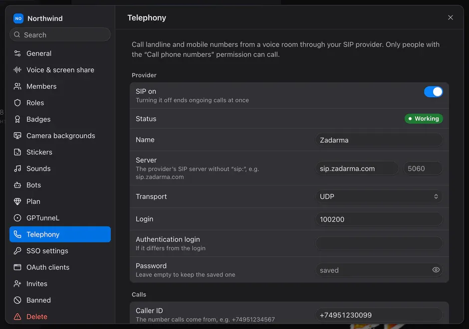 Workspace settings, the Telephony tab: SIP enabled, server, transport, login, password and Caller ID