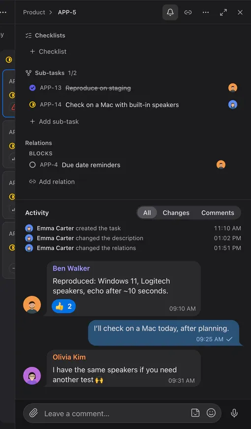 The task panel: subtasks, a “blocks” relation, history and chat-like comments