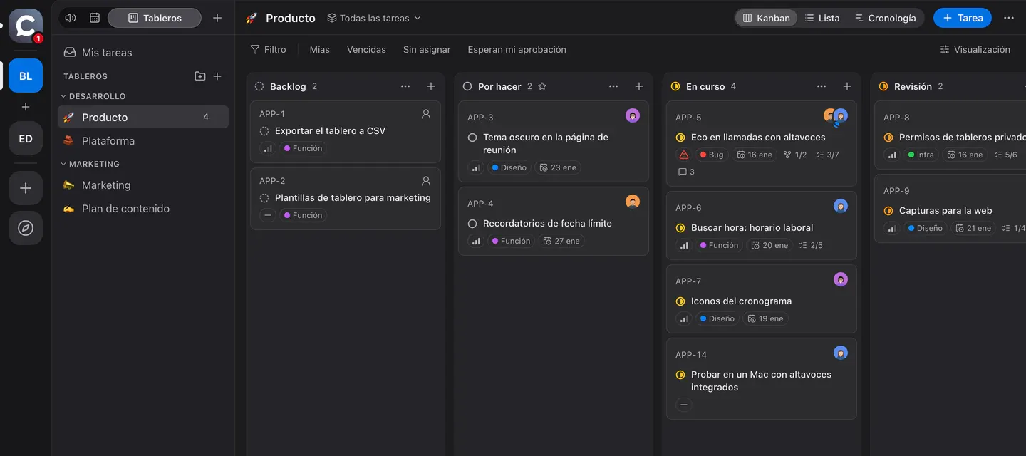 El tablero Producto en formato kanban