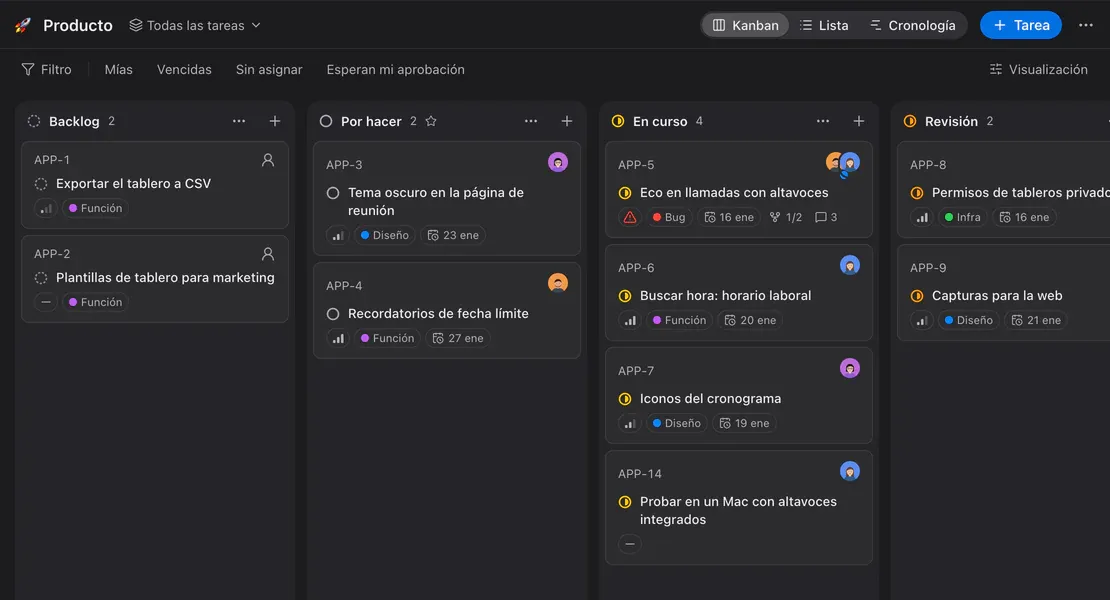 El tablero «Producto» en kanban: columnas de estado con tarjetas, etiquetas, fechas y responsables