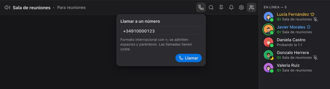 Sala de voz con la ventana «Llamar a un número»: un número escrito y el botón Llamar