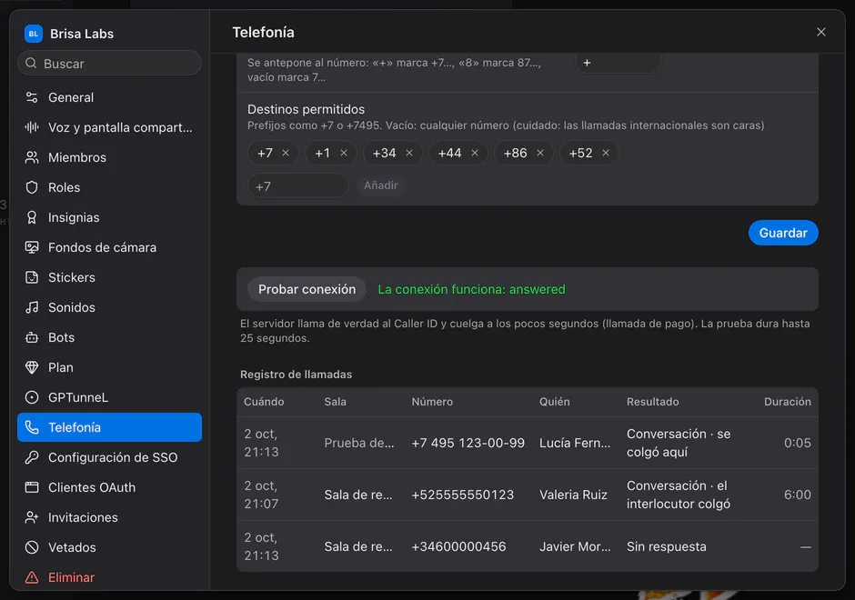 Pestaña Telefonía: el botón Probar conexión con su resultado y el registro de llamadas con números y resultados
