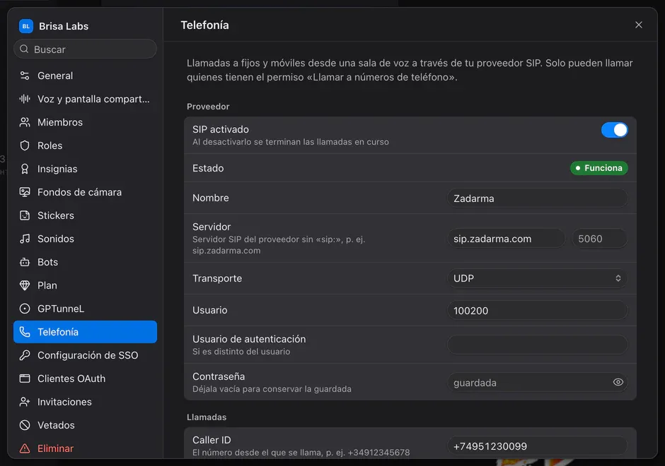 Ajustes del espacio, pestaña Telefonía: SIP activado, servidor, transporte, usuario, contraseña y Caller ID