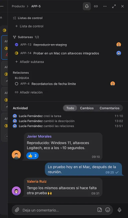 El panel de la tarea: subtareas, una relación «bloquea», historial y comentarios como en el chat
