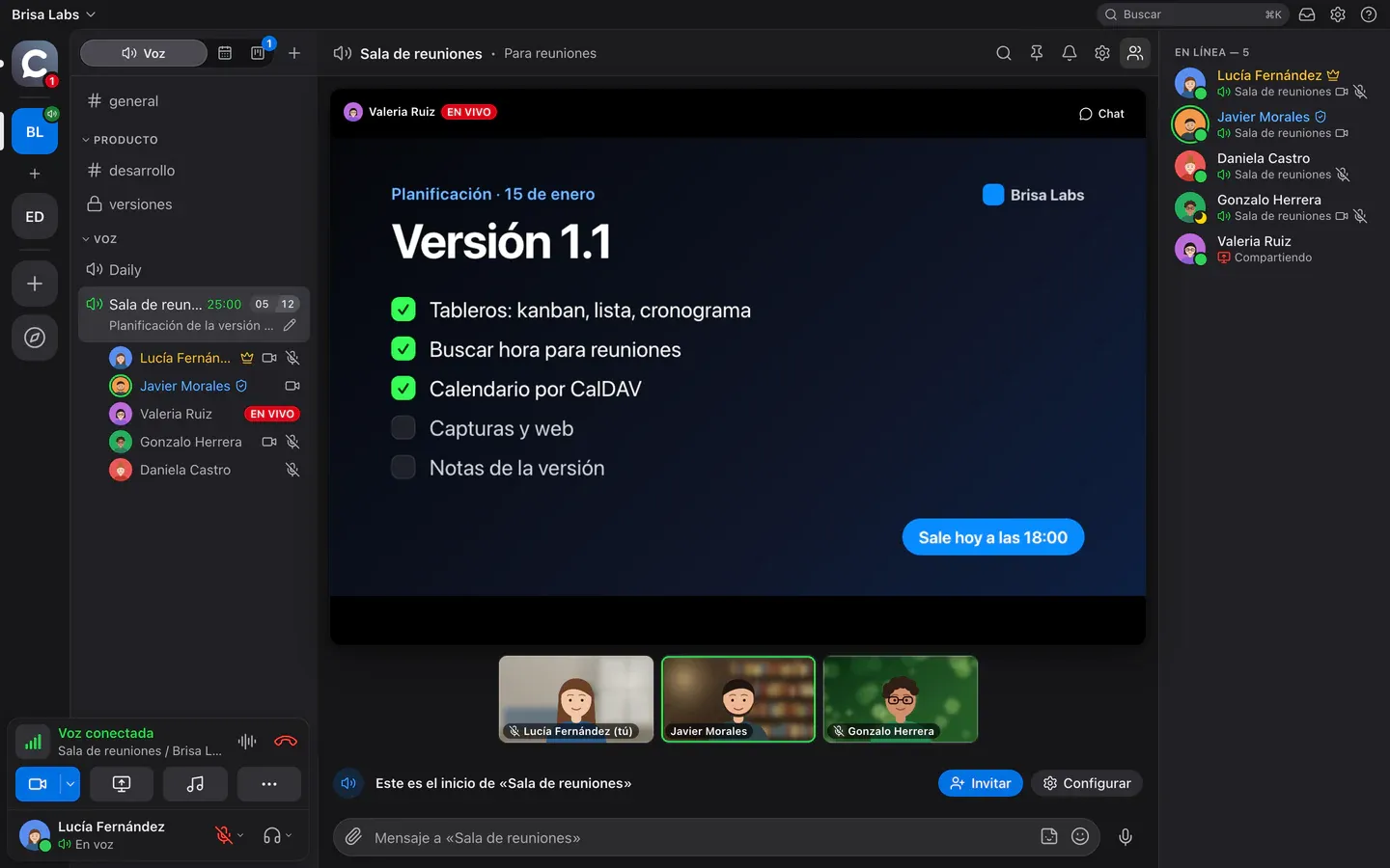 Una sala de voz de Calab: participantes, cámaras y pantalla compartida