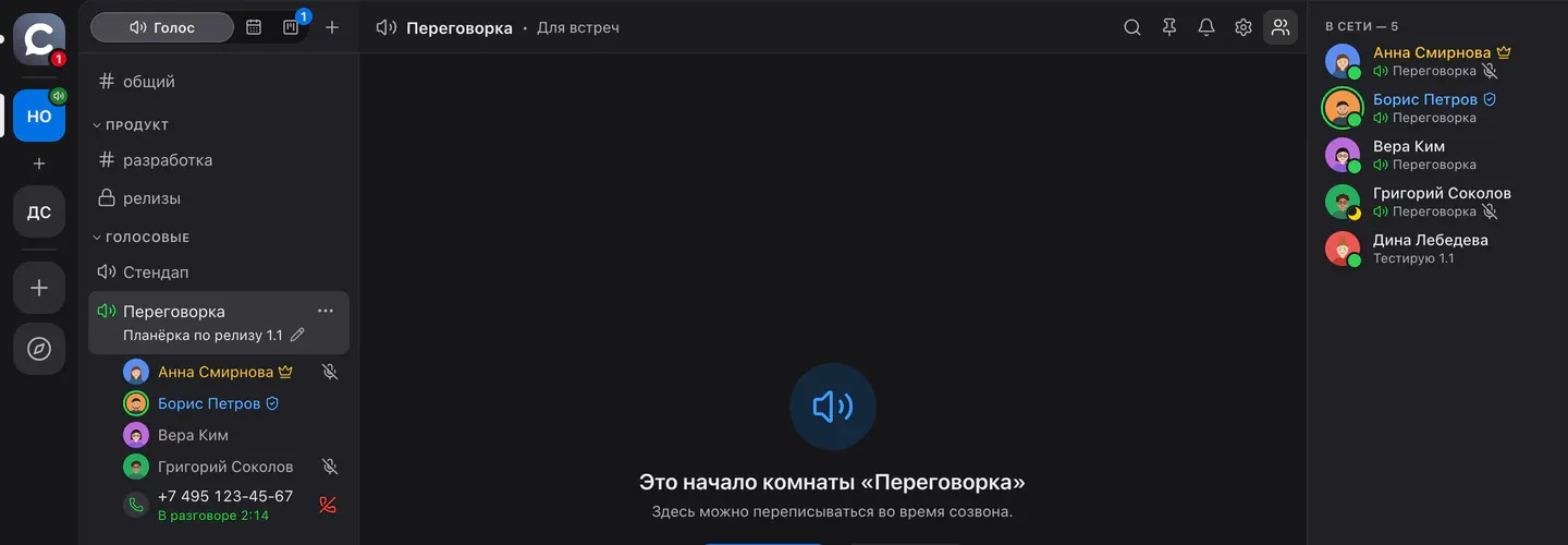 Список участников голосовой комнаты: среди людей строка телефонной линии с иконкой трубки, номером и статусом «В разговоре 2:14»